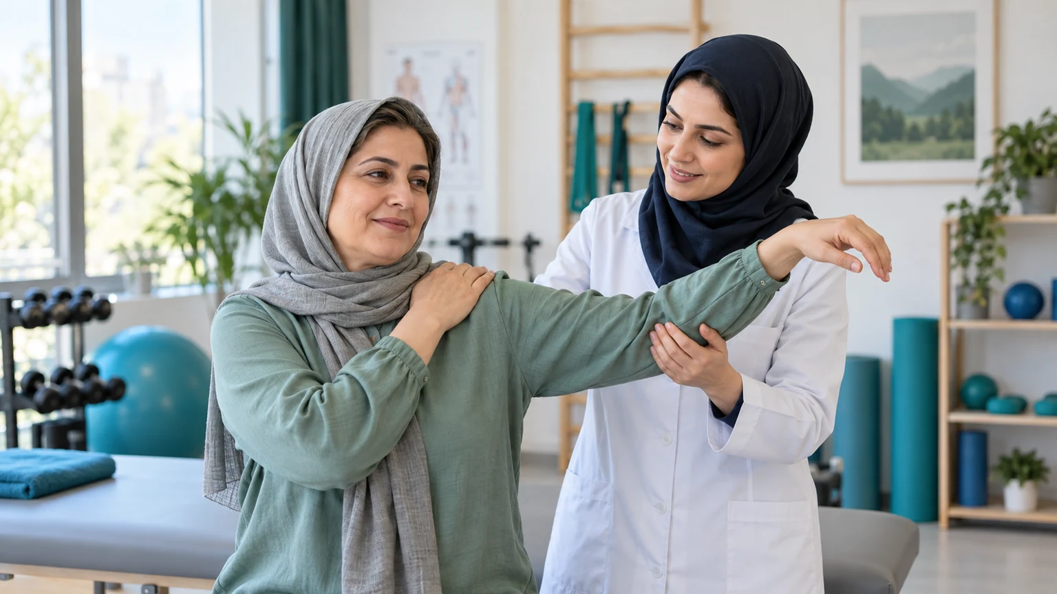 ارزیابی حرکت شانه یک زن میانسال با پوشش کامل توسط فیزیوتراپیست در کلینیک