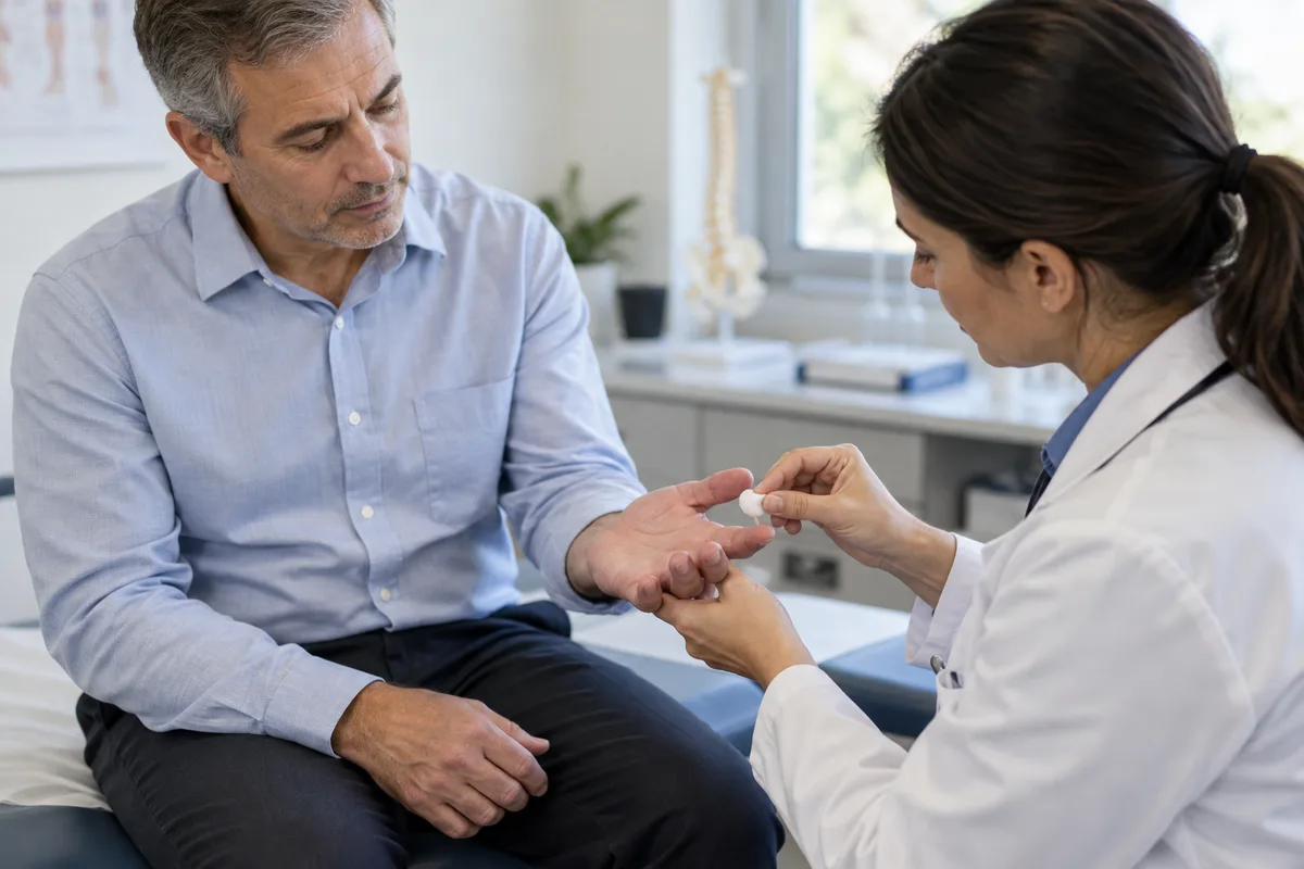 پزشک در حال بررسی حس انگشتان دست بیمار پوشیده در اتاق معاینه